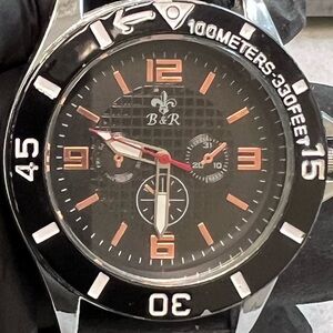 10/$20 B&R Silver/Black Silicone Diver Style Men’s Watch w/Bronze Accents